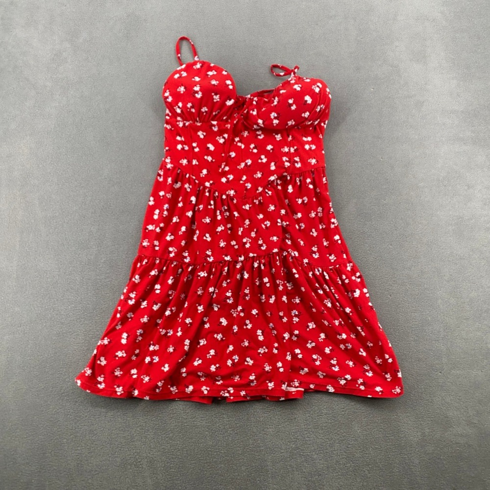 No Boundaries Red Floral‎ Tiered Mini Dress Bustier Smocked Back Medium 8-10